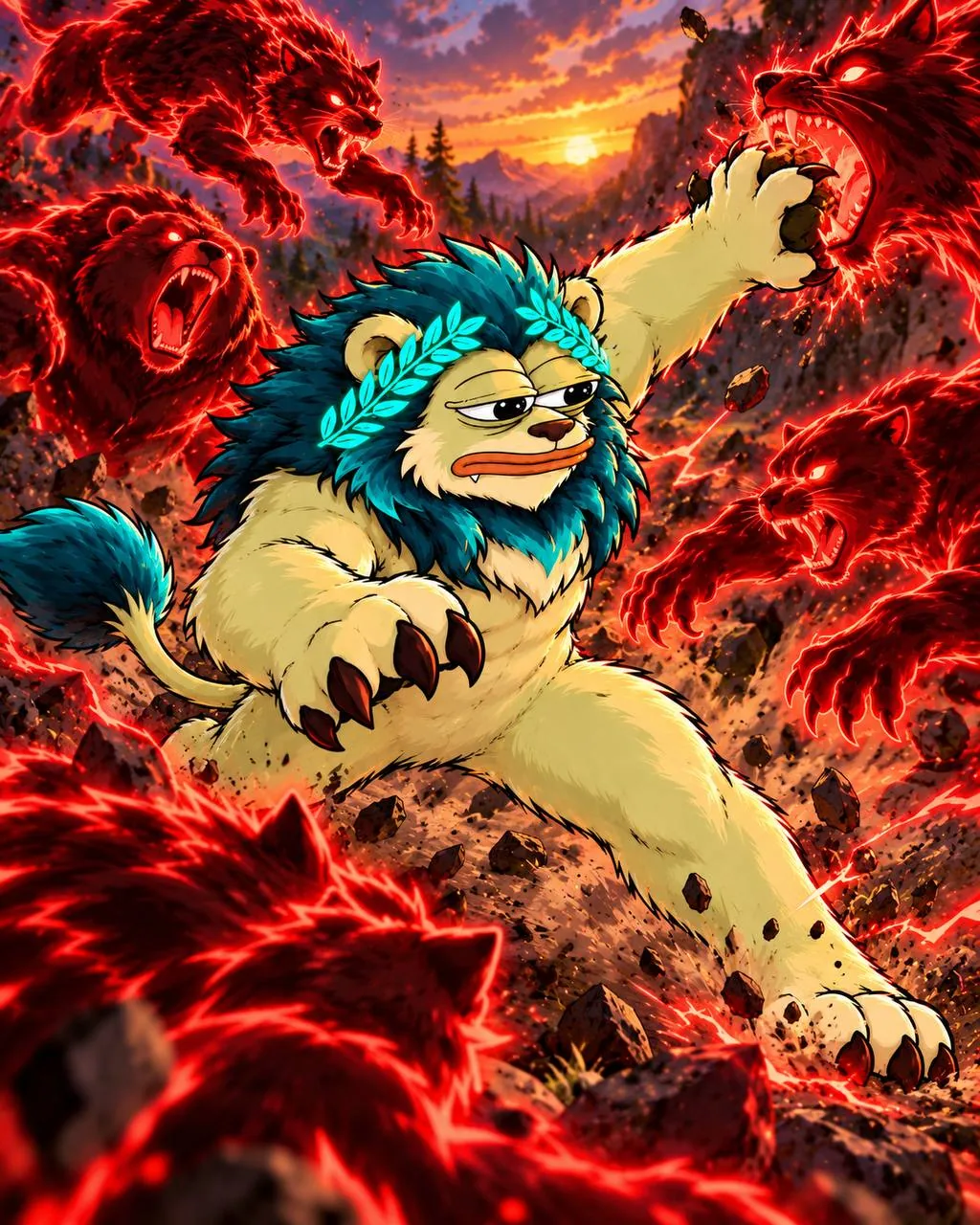 RHEA INU awake, tearing through a pack of glowing red bears on a mountainside at sunset