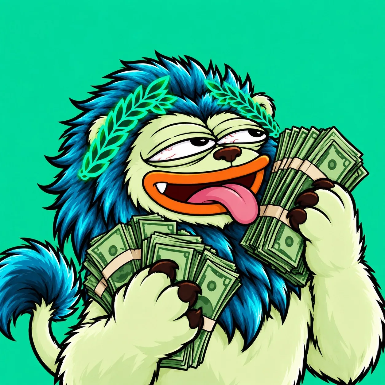 RHEA INU with his tongue out, a fat stack of cash in each paw