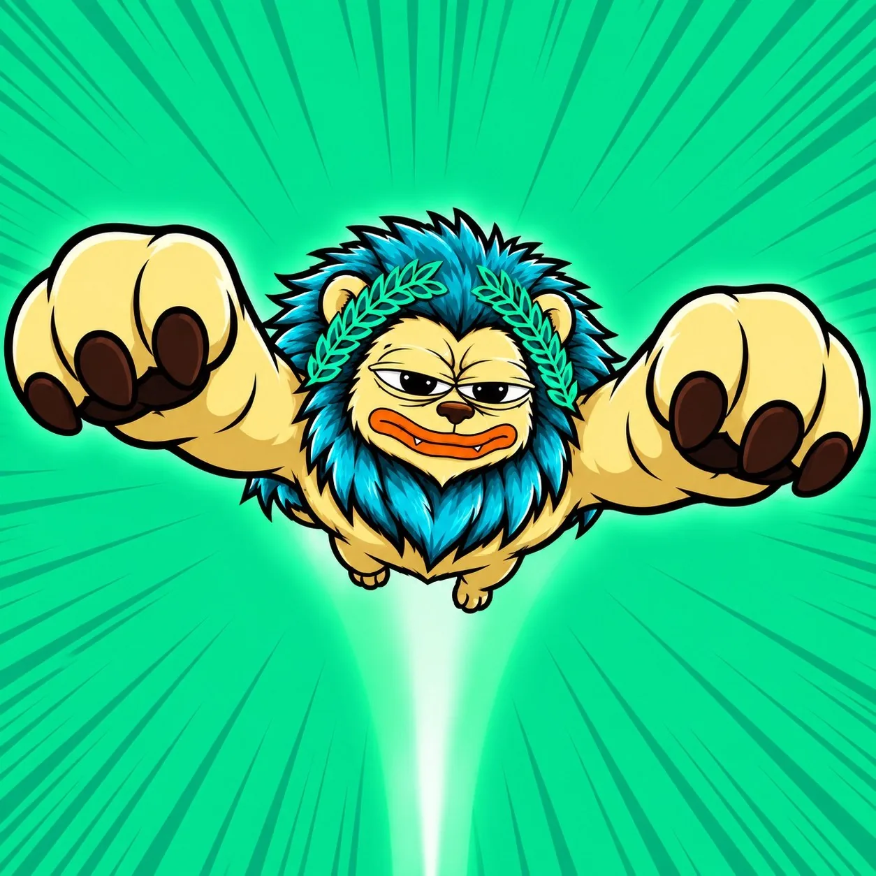 RHEA INU flying straight at you, fists first, speed lines everywhere