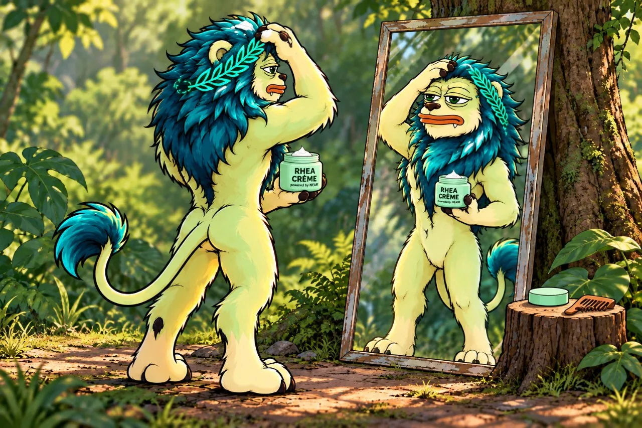 RHEA INU rubbing RHEA CRÈME into his mane in front of a mirror in the forest