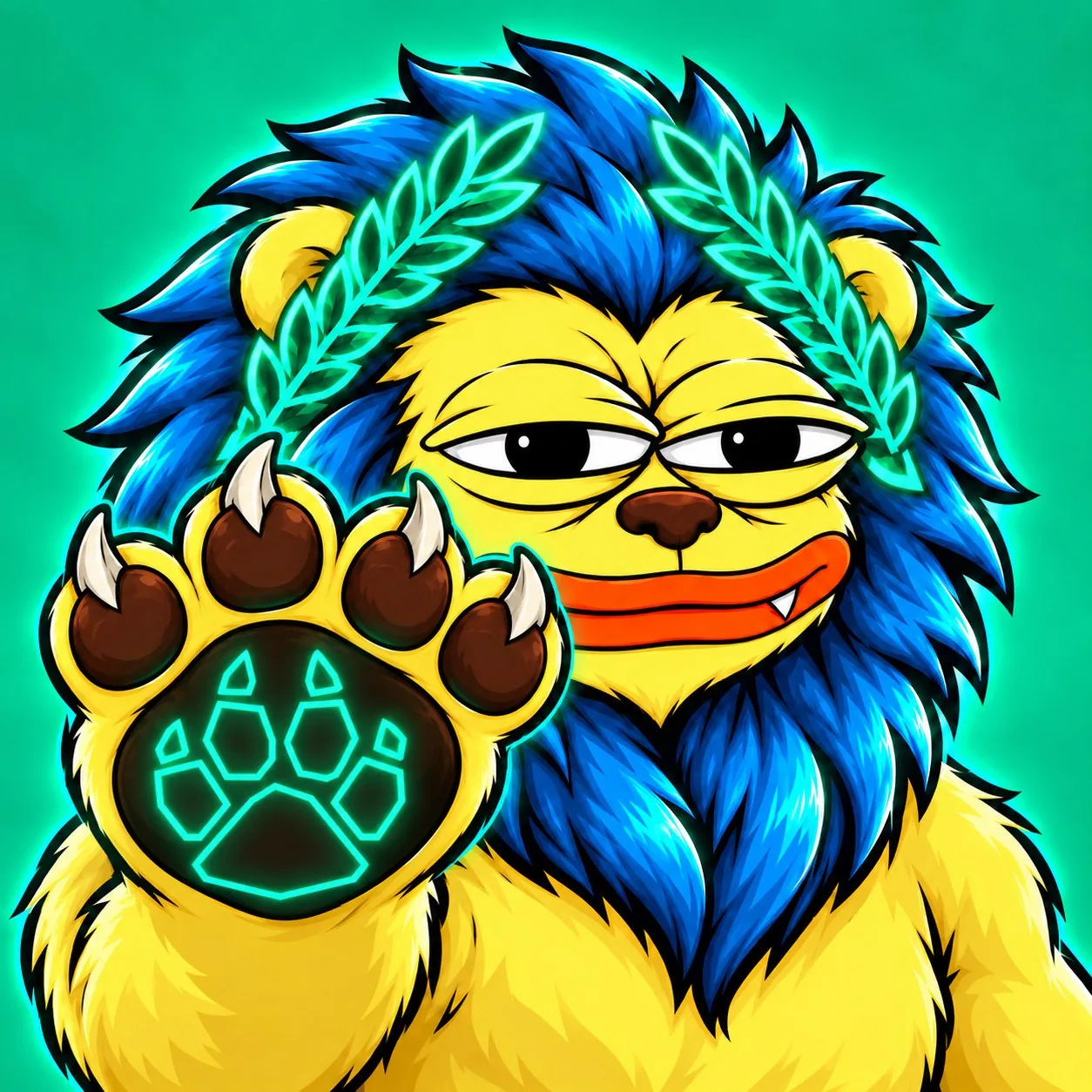 RHEA INU raising a paw at you, the glowing sigil on his palm