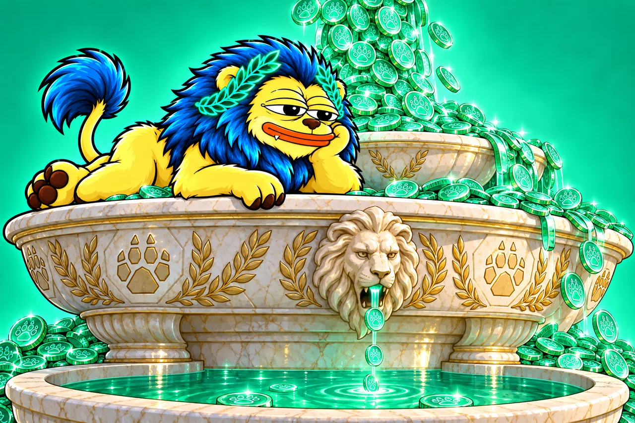 RHEA INU lounging on a marble fountain that overflows with mint coins