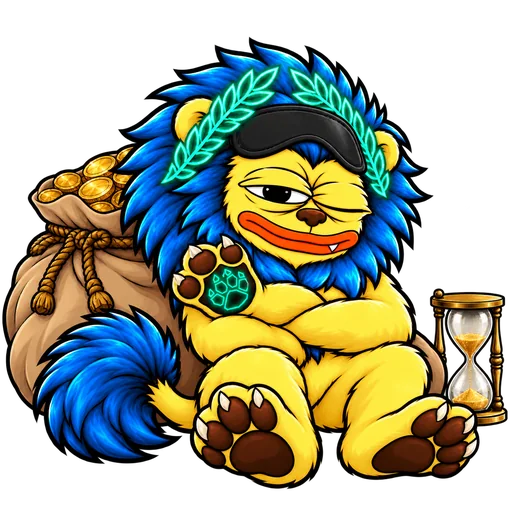 RHEA INU dozing with his sleep mask pushed up, an hourglass and a bag of gold beside him