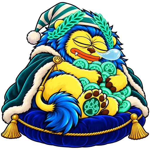 RHEA INU hibernating on a royal cushion in a nightcap and a fur cape, hugging his coins